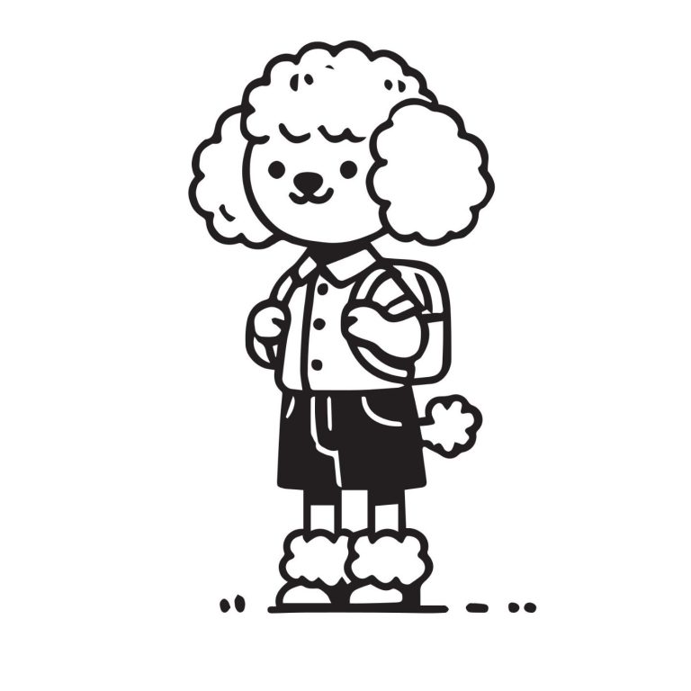 Ein niedlicher Pudel mit Rucksack trägt ein kurzärmliges Hemd und Shorts.