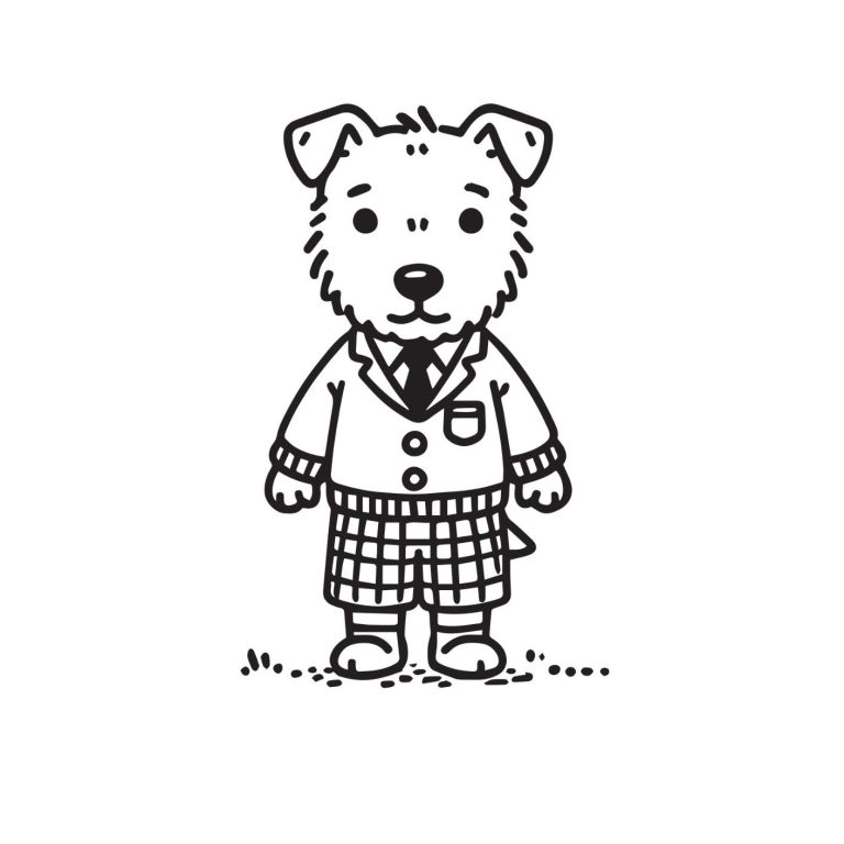 Ein gezeichneter Hund in einem Anzug mit Krawatte und Schottenmuster-Rock.