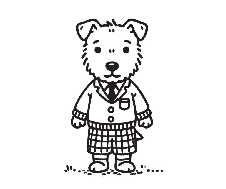 Ein stilisierter Hund in einem Anzug mit Krawatte und karierten Hosen.