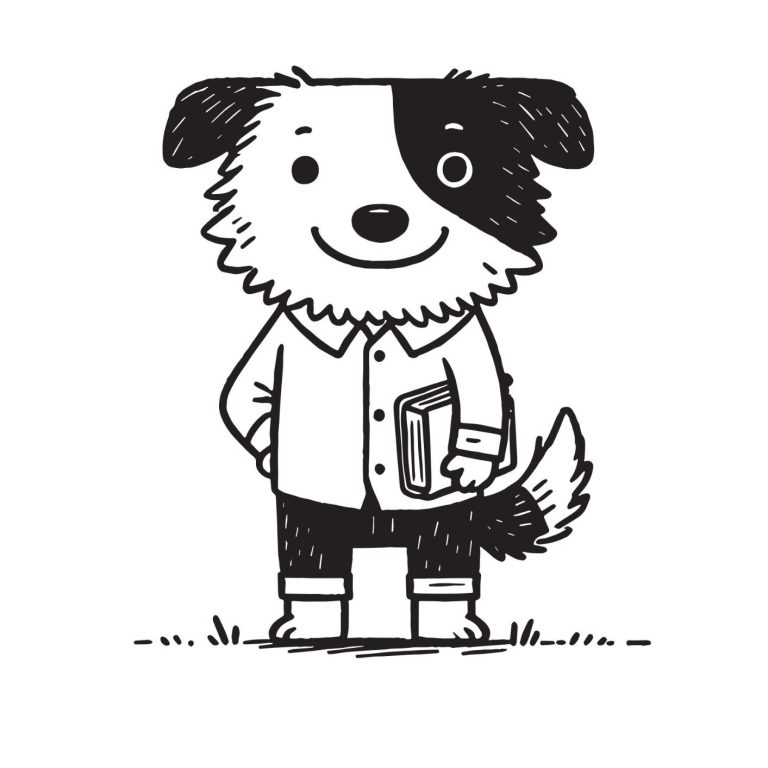 Ein cartoonartiger Hund in einem Hemd mit einem Buch in der Hand, freundlich lächelnd.
