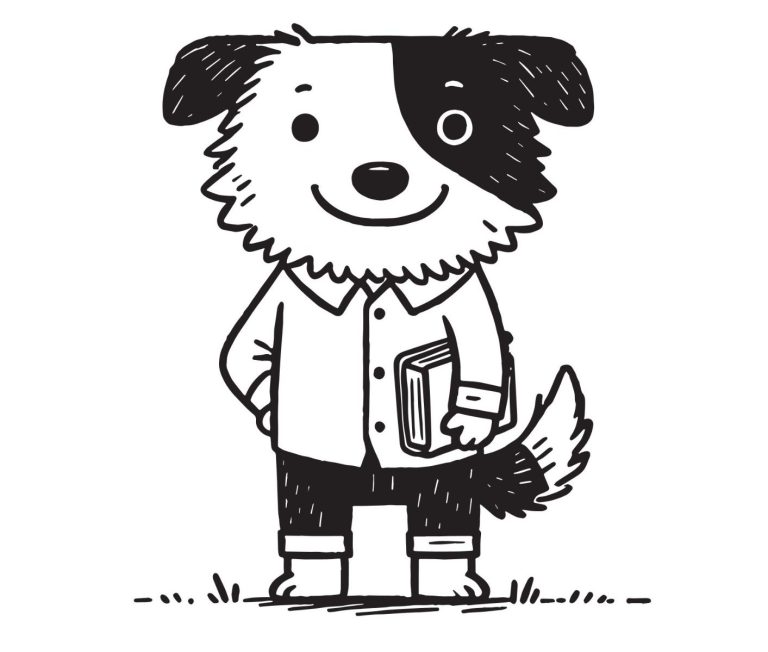Ein niedlicher Hund mit einem Buch in der Hand, trägt ein Hemd und hat schwarz-weiße Fellzeichnungen.