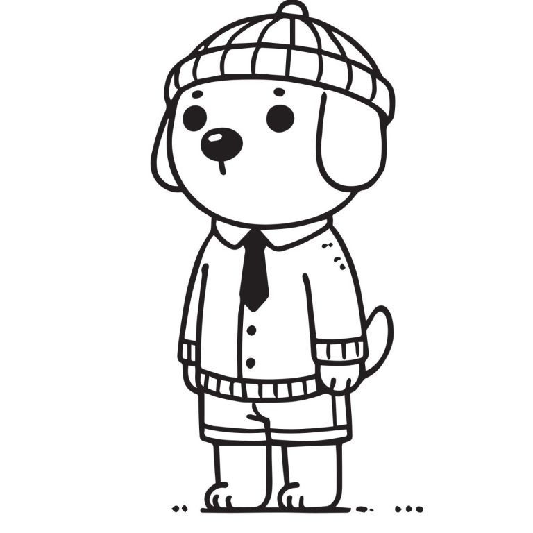 Ein cartoonhafter Hund in einem Strickmütze, Hemd und Shorts, steht aufrecht.