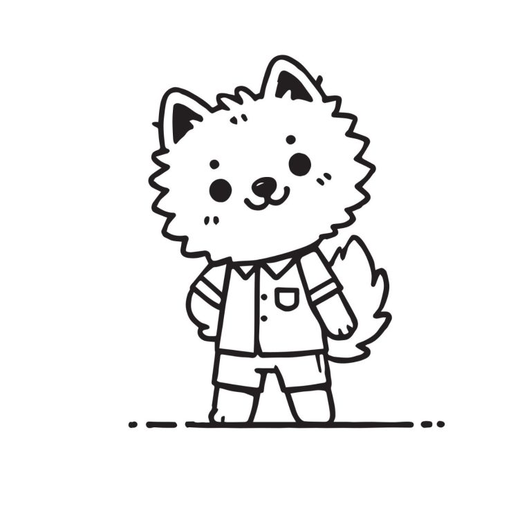 Ein niedlicher, cartoonähnlicher Hund mit lockigem Fell, in einem Hemd und Shorts.