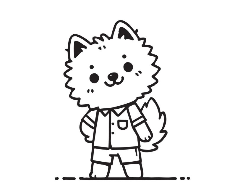 Ein niedlicher, cartoonartiger Hund in einer Kluft mit kurzem Hose und Hemd.