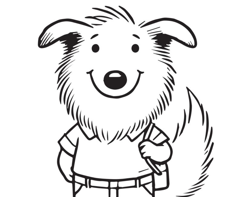 Cartoon eines fröhlichen Hundes mit Rucksack, der lächelt und eine freundliche Ausstrahlung hat.