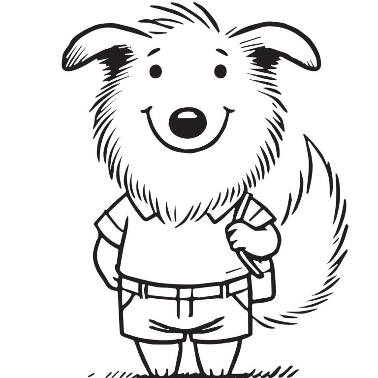 Fröhlicher, einfacher Cartoon-Hund mit Rucksack, steht lächelnd.