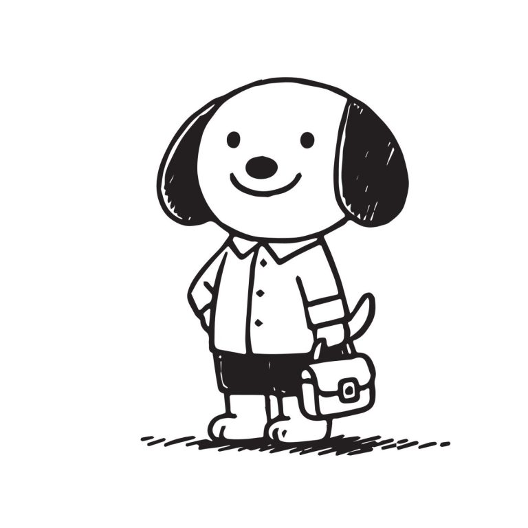 Ein lächelnder Hund in Hemd und Shorts mit einer Tasche.