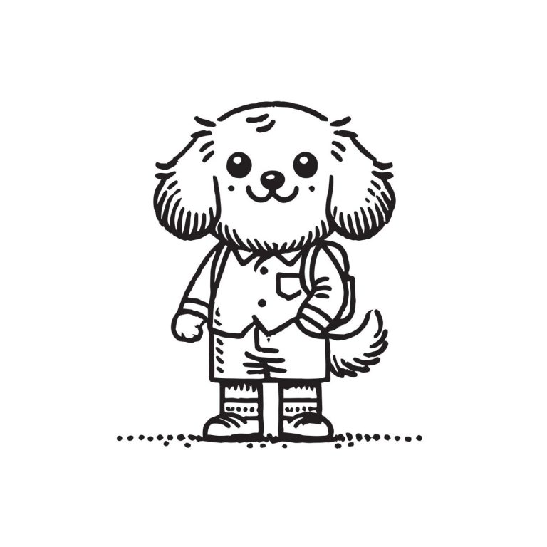 Ein cartoonhafter Hund in Schulkleidung mit einem Rucksack.