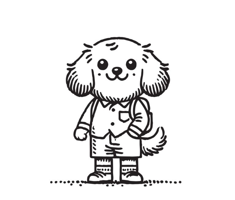 Ein cartoonhafter Hund mit Rucksack und schickem Outfit steht lächelnd da.